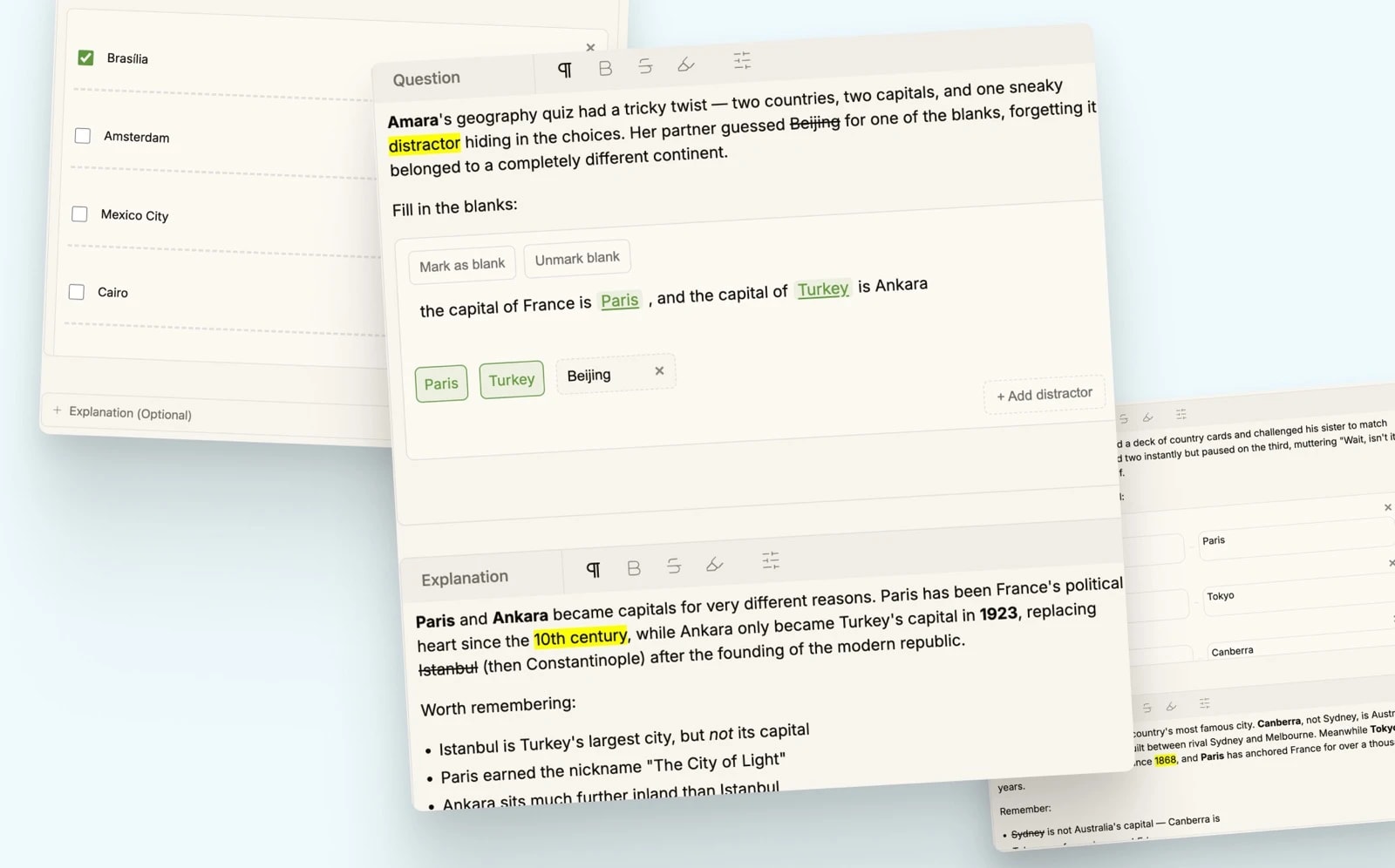 Ebbin card editor with a WYSIWYG toolbar, showing a Q&A card and a matching card mid-edit
