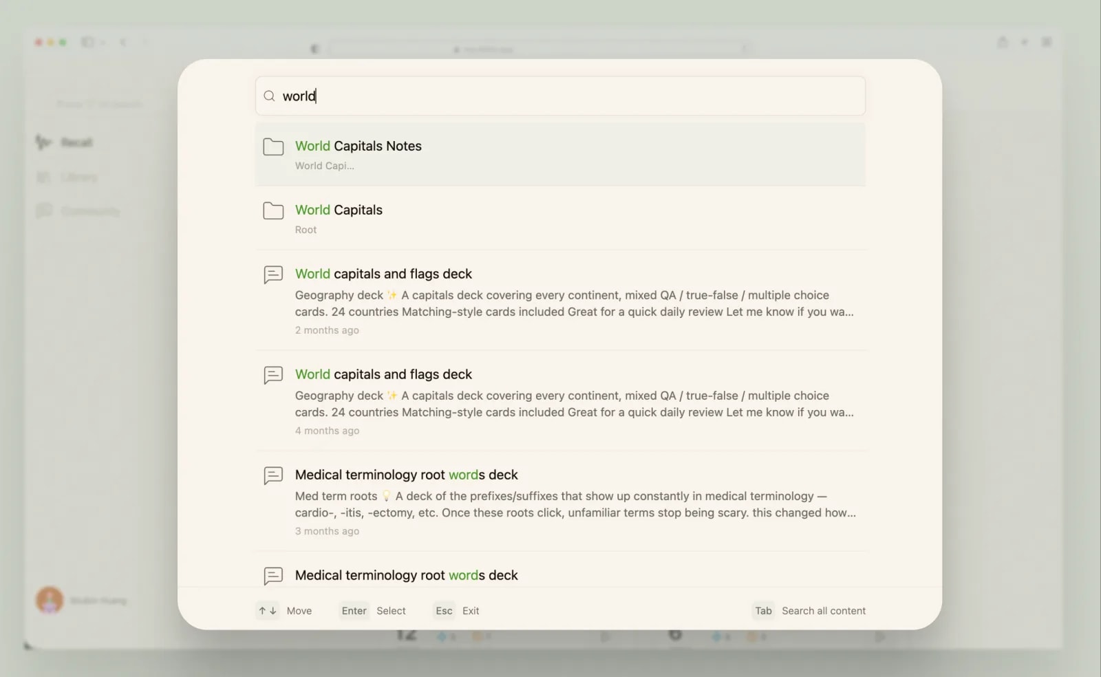 Ebbin command palette showing instant fuzzy search results for 'world' across folders and notes
