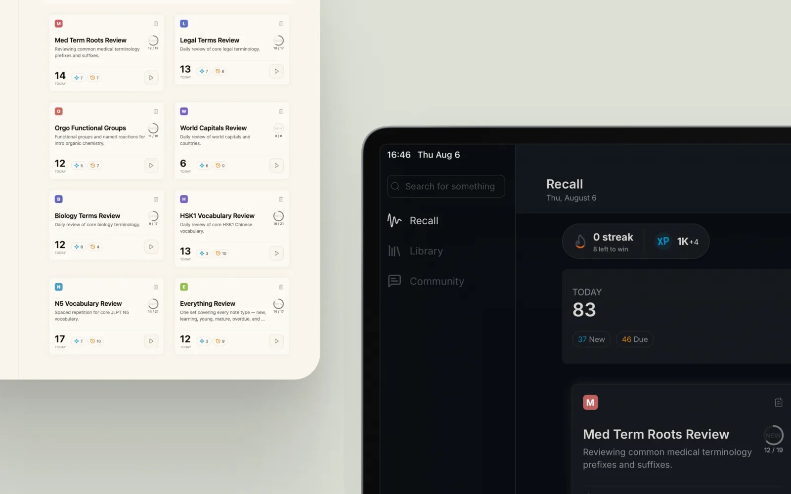 Ebbin Library in light mode on an iPhone next to Recall in dark mode on an iPad